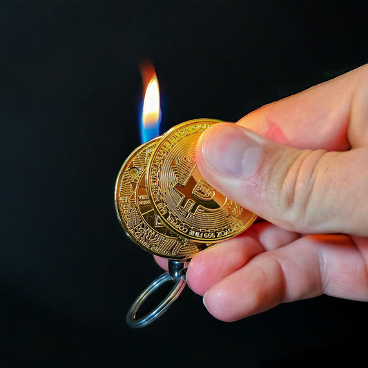 Refillable Bitcoin lighter, face sided, in use